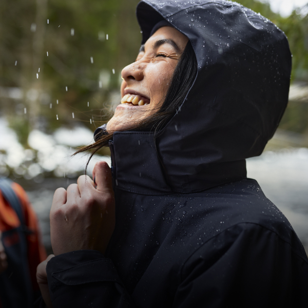 Woman wearing a waterproof jacket in the rain